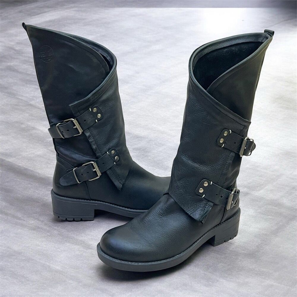 Coolway Alida Moto Boots Womens 39 EU/8-8.5 US Black Leather Biker Buckle Spain